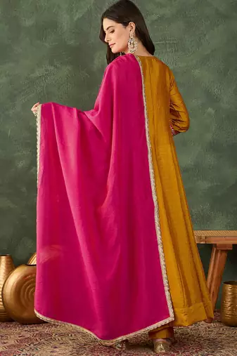 Women's Beautiful Embroidery Work Vichitra Silk Fabric Flared Anarkali Pant and Dupatta Set