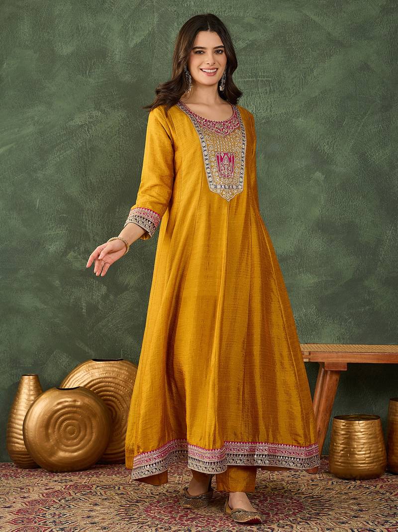 Women's Beautiful Embroidery Work Vichitra Silk Fabric Flared Anarkali Pant and Dupatta Set