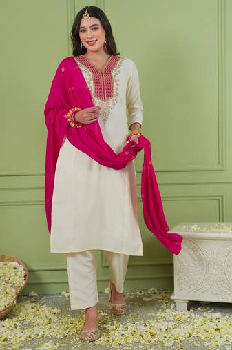 Women's Beautiful Embroidery Work Simar Gold Fabric Straight Kurta Pant and Dupatta Set