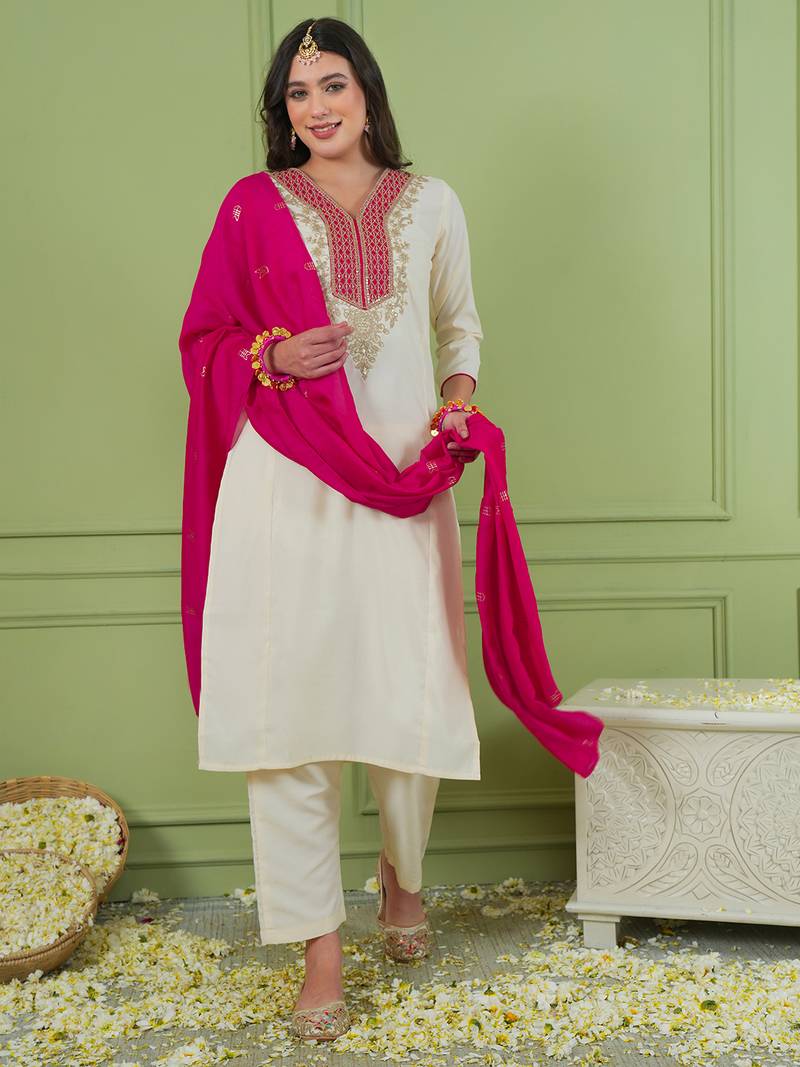 Women's Beautiful Embroidery Work Simar Gold Fabric Straight Kurta Pant and Dupatta Set