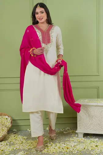 Women's Beautiful Embroidery Work Simar Gold Fabric Straight Kurta Pant and Dupatta Set