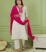 Women's Beautiful Embroidery Work Simar Gold Fabric Straight Kurta Pant and Dupatta Set