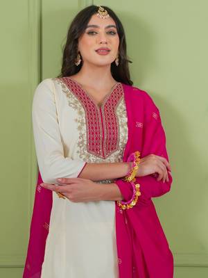 Women's Beautiful Embroidery Work Simar Gold Fabric Straight Kurta Pant and Dupatta Set 2