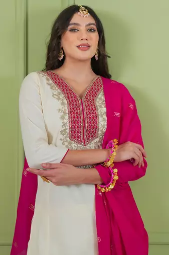Women's Beautiful Embroidery Work Simar Gold Fabric Straight Kurta Pant and Dupatta Set