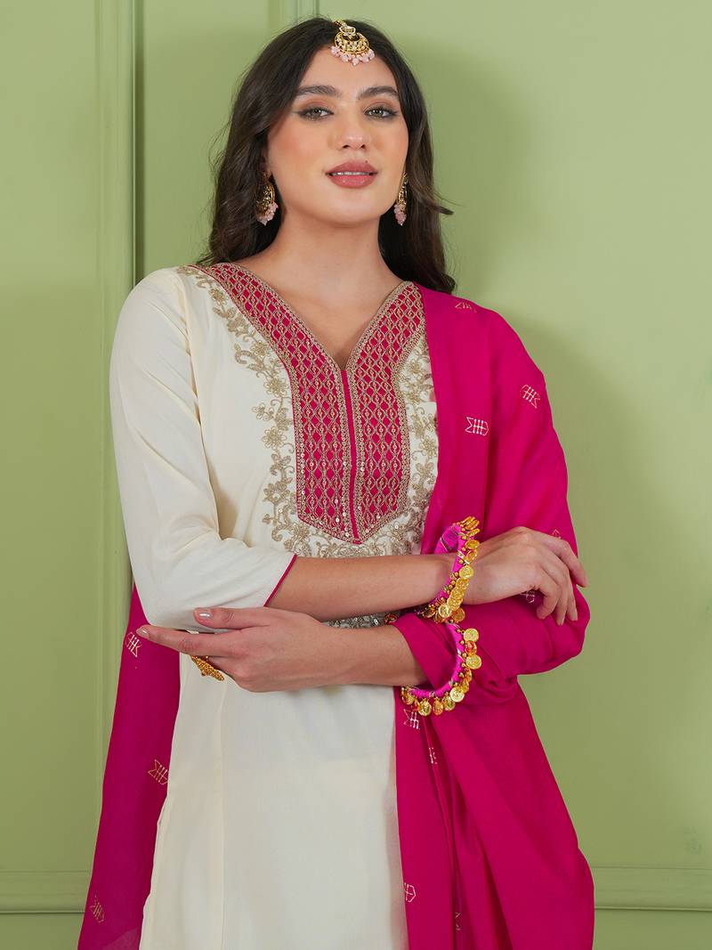 Women's Beautiful Embroidery Work Simar Gold Fabric Straight Kurta Pant and Dupatta Set