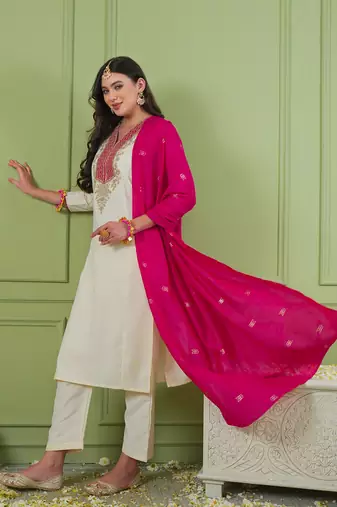 Women's Beautiful Embroidery Work Simar Gold Fabric Straight Kurta Pant and Dupatta Set