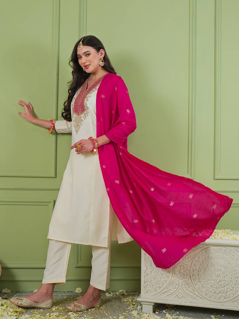 Women's Beautiful Embroidery Work Simar Gold Fabric Straight Kurta Pant and Dupatta Set