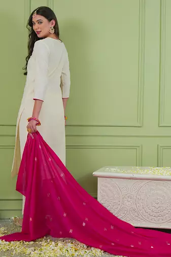Women's Beautiful Embroidery Work Simar Gold Fabric Straight Kurta Pant and Dupatta Set
