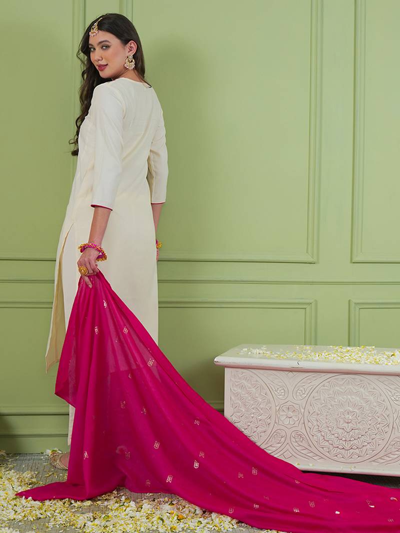Women's Beautiful Embroidery Work Simar Gold Fabric Straight Kurta Pant and Dupatta Set