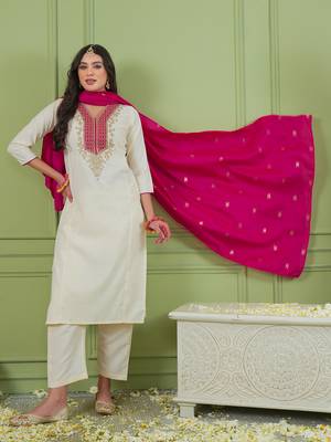 Women's Beautiful Embroidery Work Simar Gold Fabric Straight Kurta Pant and Dupatta Set 5