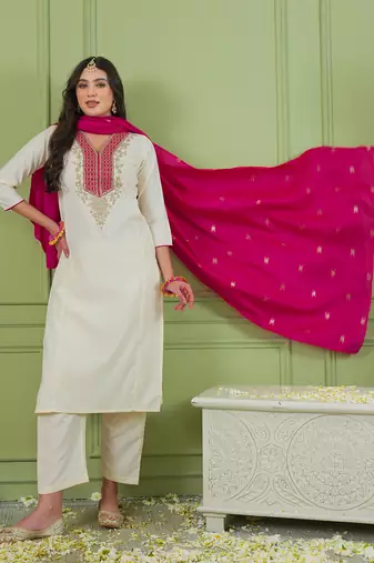 Women's Beautiful Embroidery Work Simar Gold Fabric Straight Kurta Pant and Dupatta Set