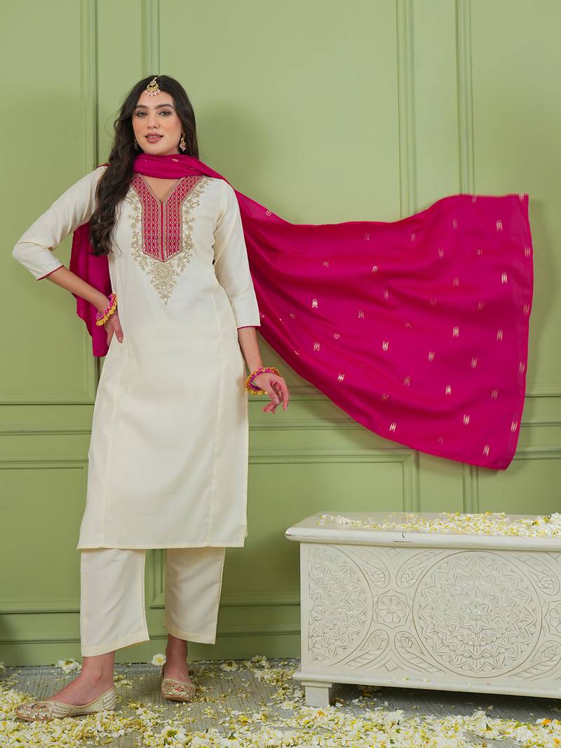 Women's Beautiful Embroidery Work Simar Gold Fabric Straight Kurta Pant and Dupatta Set