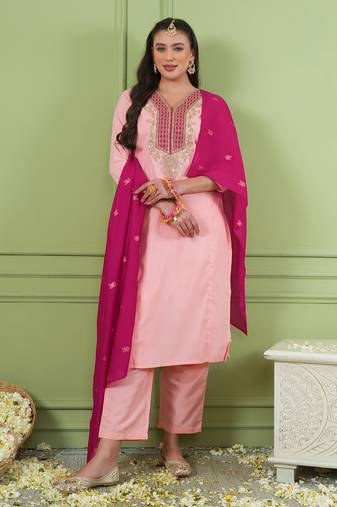 Women's Beautiful Embroidery Work Simar Gold Fabric Straight Kurta Pant and Dupatta Set