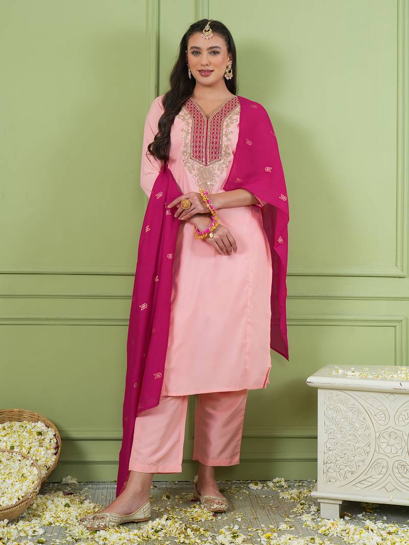 Women's Beautiful Embroidery Work Simar Gold Fabric Straight Kurta Pant and Dupatta Set