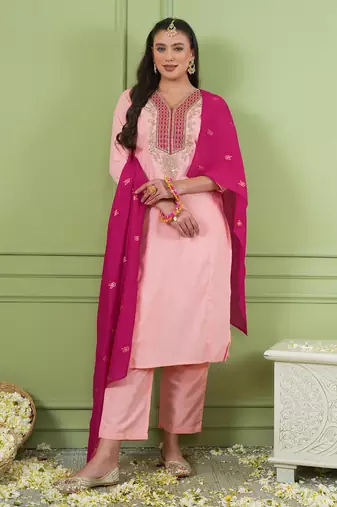 Women's Beautiful Embroidery Work Simar Gold Fabric Straight Kurta Pant and Dupatta Set