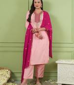 Women's Beautiful Embroidery Work Simar Gold Fabric Straight Kurta Pant and Dupatta Set