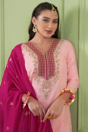 Women's Beautiful Embroidery Work Simar Gold Fabric Straight Kurta Pant and Dupatta Set