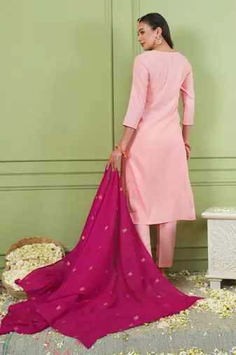 Women's Beautiful Embroidery Work Simar Gold Fabric Straight Kurta Pant and Dupatta Set