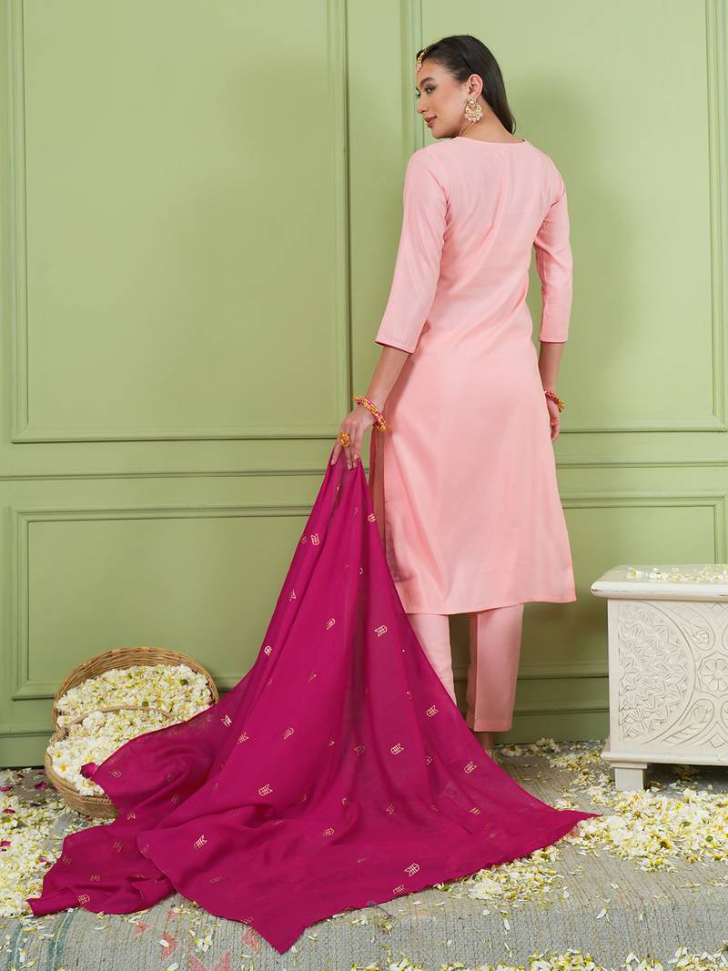 Women's Beautiful Embroidery Work Simar Gold Fabric Straight Kurta Pant and Dupatta Set