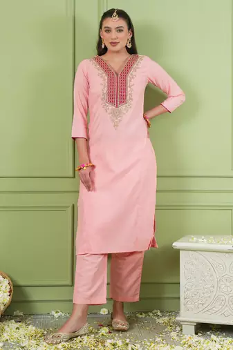 Women's Beautiful Embroidery Work Simar Gold Fabric Straight Kurta Pant and Dupatta Set