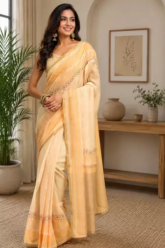 beige printed chanderi cotton ready to wear saree with unstitched blouse