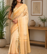 beige printed chanderi cotton ready to wear saree with unstitched blouse