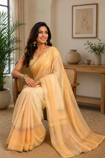 beige printed chanderi cotton ready to wear saree with unstitched blouse