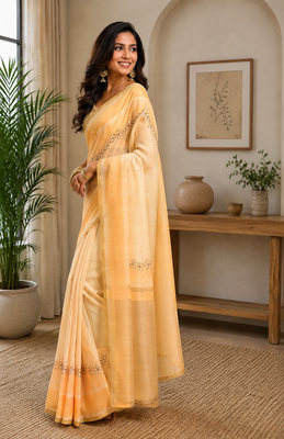 beige printed chanderi cotton ready to wear saree with unstitched blouse 3