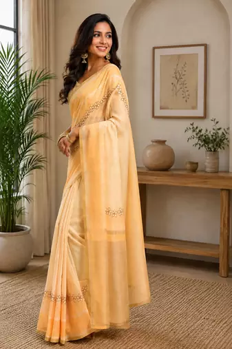 beige printed chanderi cotton ready to wear saree with unstitched blouse