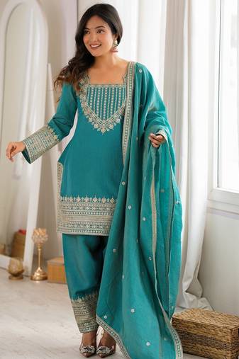 Turquoise vichitra silk kurta set with sequins jari embroidery dupatta