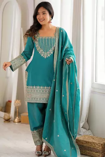 Turquoise vichitra silk kurta set with sequins jari embroidery dupatta
