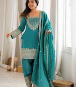 Turquoise vichitra silk kurta set with sequins jari embroidery dupatta