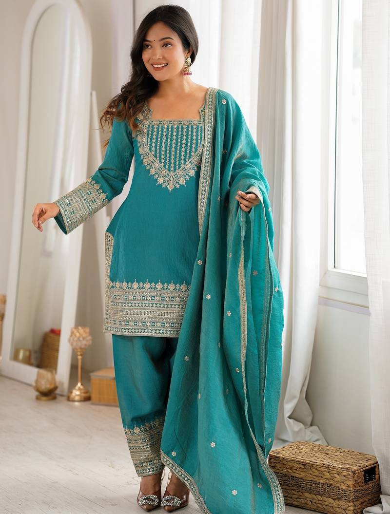 Turquoise vichitra silk kurta set with sequins jari embroidery dupatta