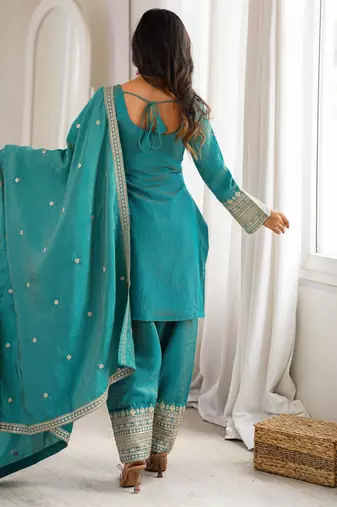 Turquoise vichitra silk kurta set with sequins jari embroidery dupatta