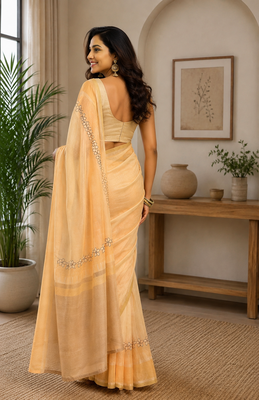 beige printed chanderi cotton ready to wear saree with unstitched blouse 4