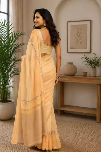 beige printed chanderi cotton ready to wear saree with unstitched blouse