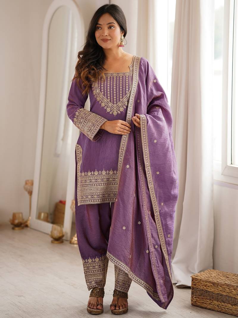 Onion pink vichitra silk kurta set with sequins jari embroidery dupatta