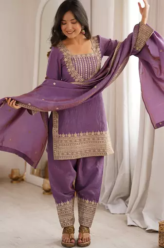 Onion pink vichitra silk kurta set with sequins jari embroidery dupatta