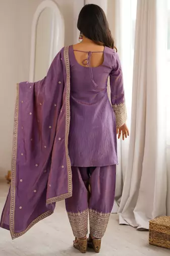 Onion pink vichitra silk kurta set with sequins jari embroidery dupatta