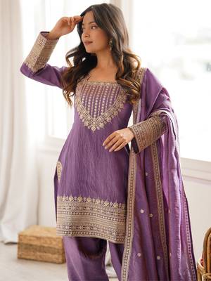 Onion pink vichitra silk kurta set with sequins jari embroidery dupatta 4
