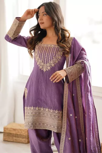 Onion pink vichitra silk kurta set with sequins jari embroidery dupatta