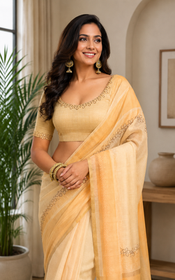 beige printed chanderi cotton ready to wear saree with unstitched blouse 5