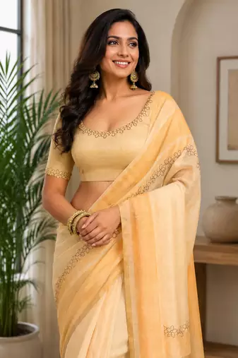 beige printed chanderi cotton ready to wear saree with unstitched blouse