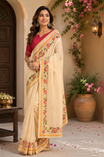 beige pink printed chanderi cotton ready to wear saree with unstitched blouse