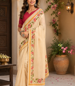 beige pink printed chanderi cotton ready to wear saree with unstitched blouse