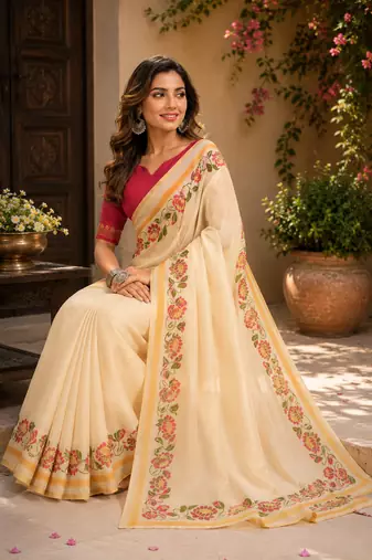 beige pink printed chanderi cotton ready to wear saree with unstitched blouse