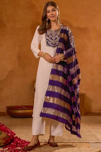 Women's Beautiful Embroidery Work Simar Fabric Straight Kurta Pant and Dupatta Set