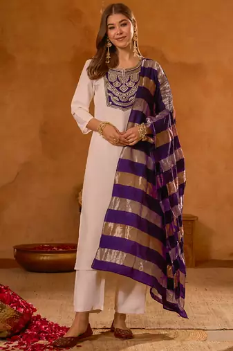 Women's Beautiful Embroidery Work Simar Fabric Straight Kurta Pant and Dupatta Set