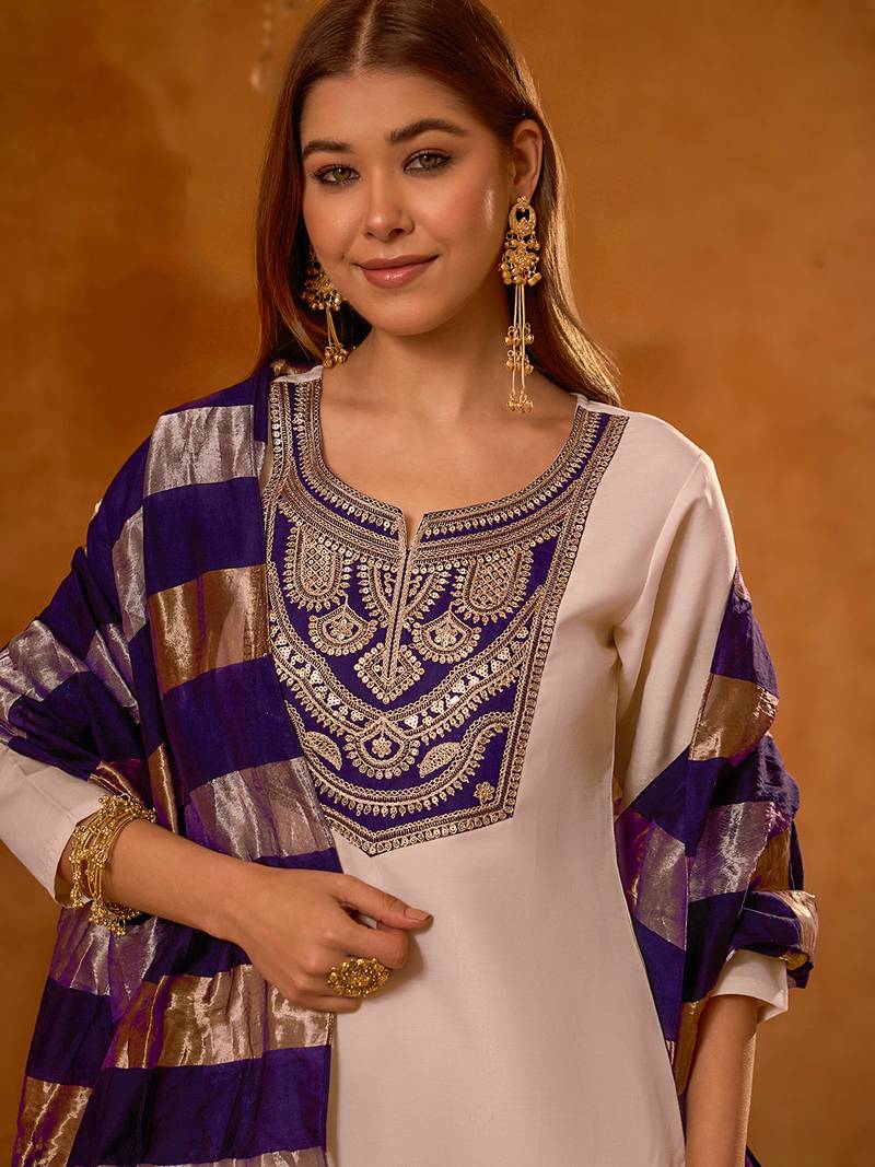 Women's Beautiful Embroidery Work Simar Fabric Straight Kurta Pant and Dupatta Set