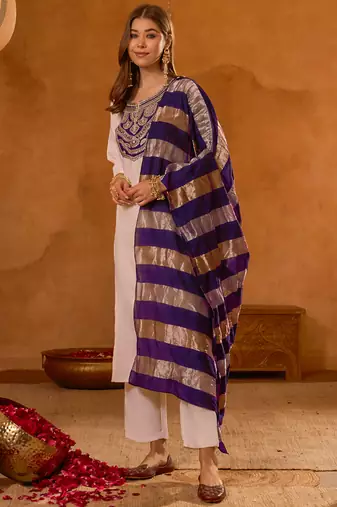 Women's Beautiful Embroidery Work Simar Fabric Straight Kurta Pant and Dupatta Set